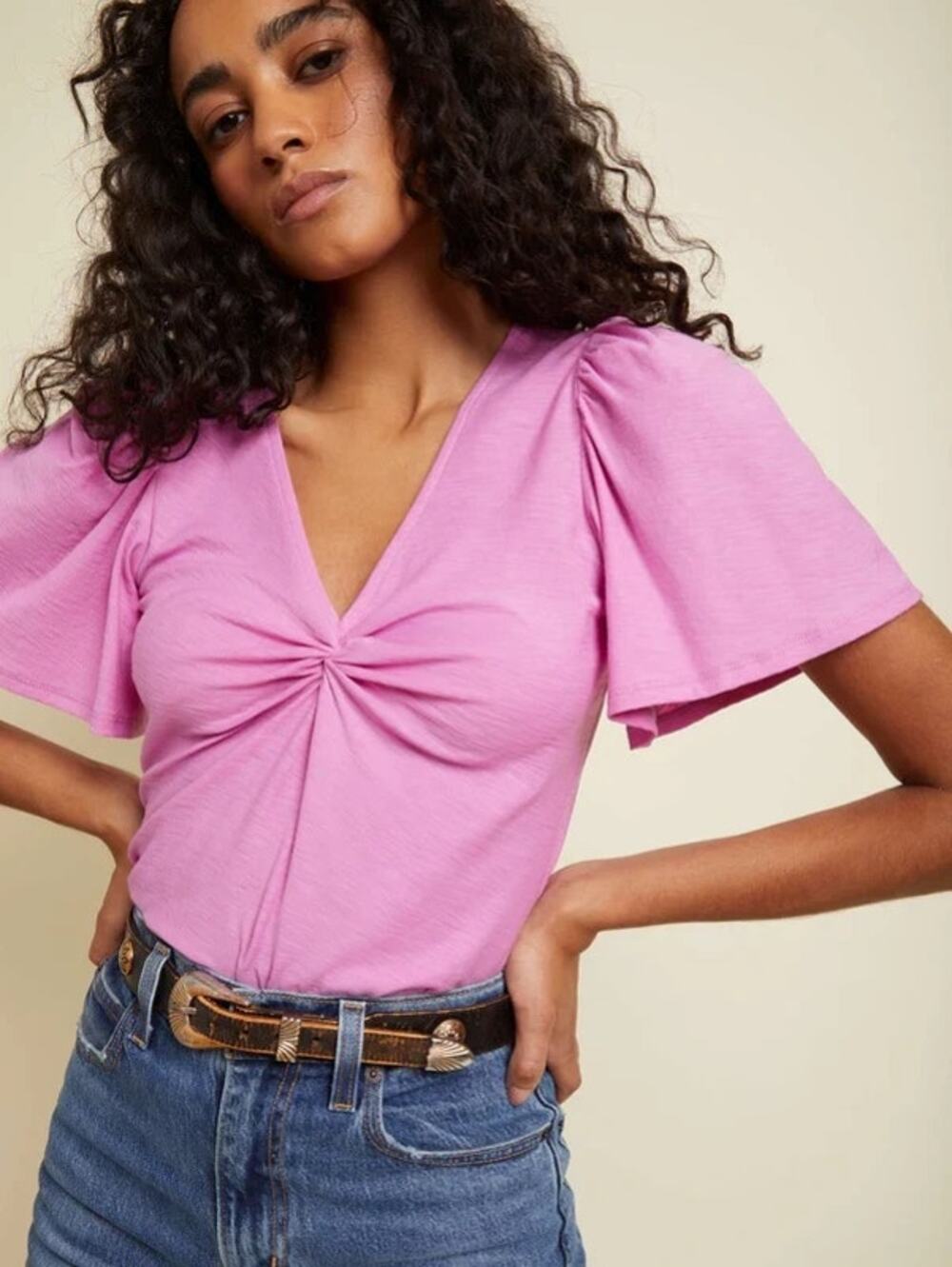 Nation LTD Twisted Flutter Sleeve Blouse 100% Pima Cotton Mauve Pink Size Large